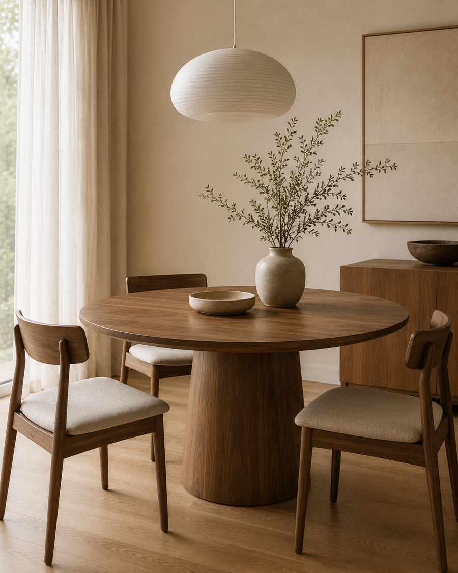 Round wooden dining table with pedestal base